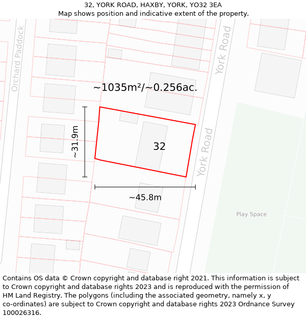 32, YORK ROAD, HAXBY, YORK, YO32 3EA: Plot and title map