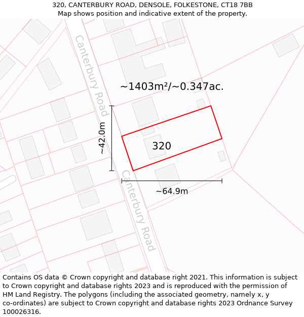 320, CANTERBURY ROAD, DENSOLE, FOLKESTONE, CT18 7BB: Plot and title map