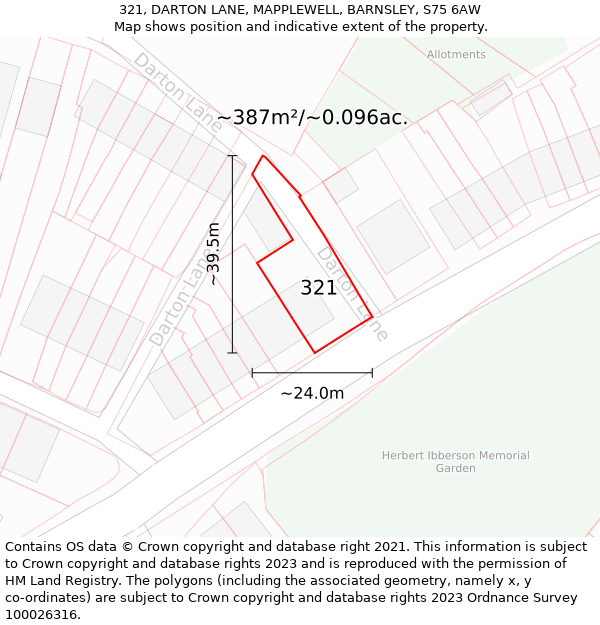 321, DARTON LANE, MAPPLEWELL, BARNSLEY, S75 6AW: Plot and title map