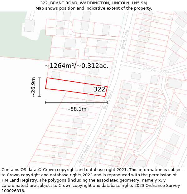 322, BRANT ROAD, WADDINGTON, LINCOLN, LN5 9AJ: Plot and title map