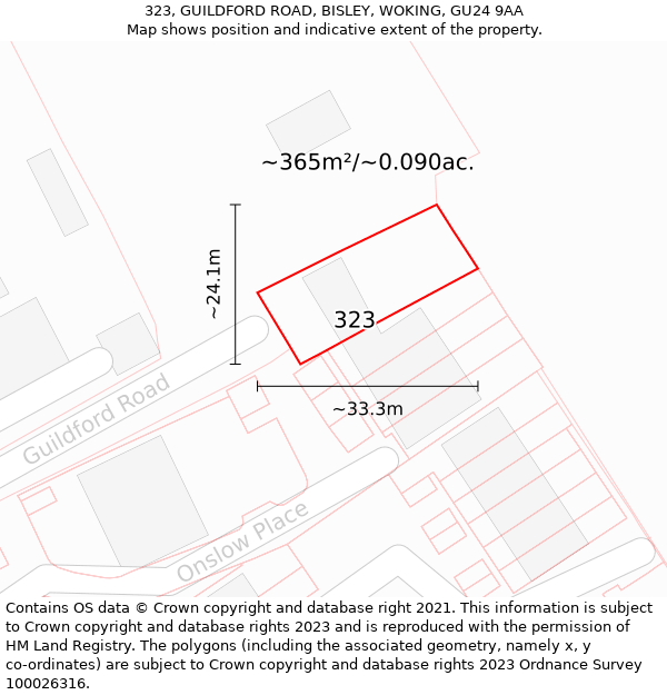 323, GUILDFORD ROAD, BISLEY, WOKING, GU24 9AA: Plot and title map