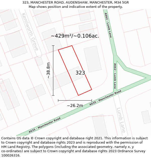 323, MANCHESTER ROAD, AUDENSHAW, MANCHESTER, M34 5GR: Plot and title map