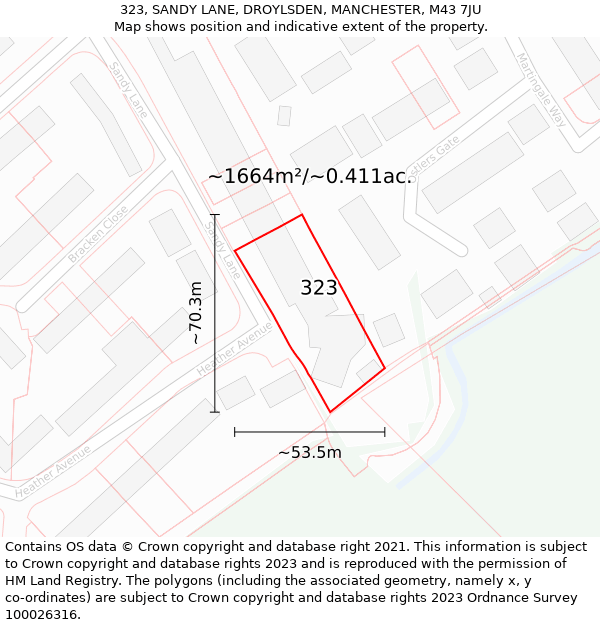 323, SANDY LANE, DROYLSDEN, MANCHESTER, M43 7JU: Plot and title map