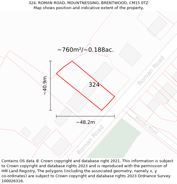 324, ROMAN ROAD, MOUNTNESSING, BRENTWOOD, CM15 0TZ: Plot and title map