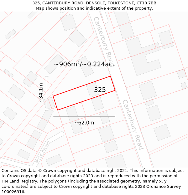 325, CANTERBURY ROAD, DENSOLE, FOLKESTONE, CT18 7BB: Plot and title map