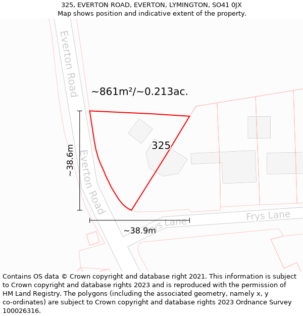 325, EVERTON ROAD, EVERTON, LYMINGTON, SO41 0JX: Plot and title map