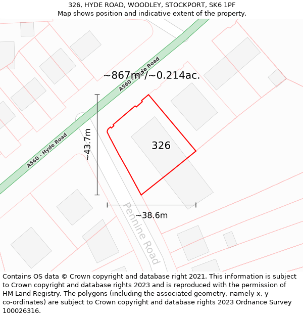 326, HYDE ROAD, WOODLEY, STOCKPORT, SK6 1PF: Plot and title map