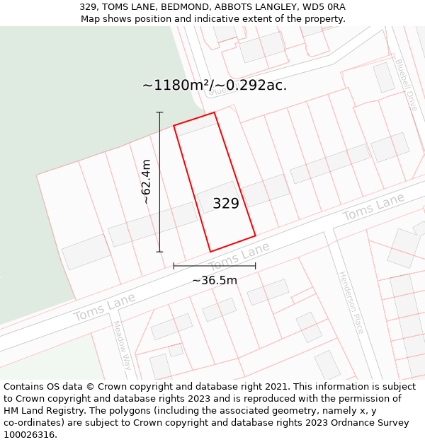 329, TOMS LANE, BEDMOND, ABBOTS LANGLEY, WD5 0RA: Plot and title map