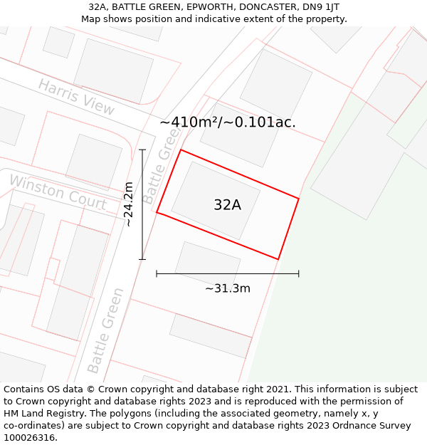 32A, BATTLE GREEN, EPWORTH, DONCASTER, DN9 1JT: Plot and title map