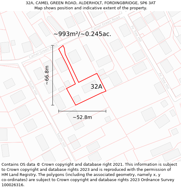 32A, CAMEL GREEN ROAD, ALDERHOLT, FORDINGBRIDGE, SP6 3AT: Plot and title map