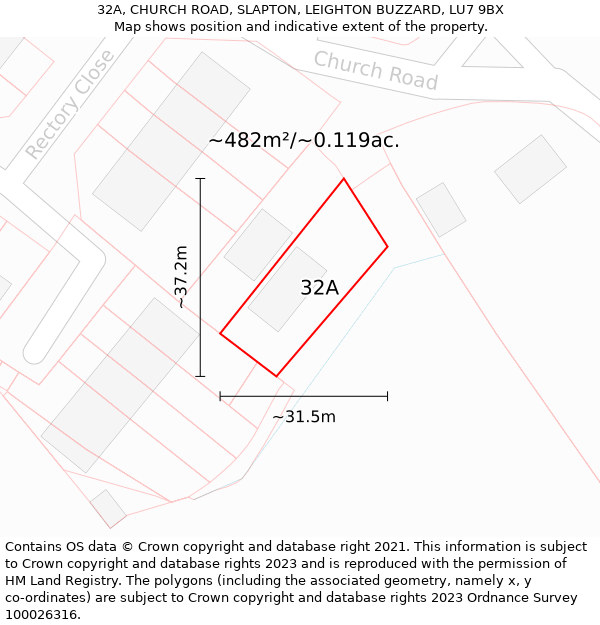 32A, CHURCH ROAD, SLAPTON, LEIGHTON BUZZARD, LU7 9BX: Plot and title map