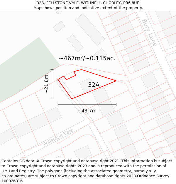 32A, FELLSTONE VALE, WITHNELL, CHORLEY, PR6 8UE: Plot and title map