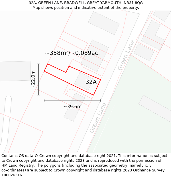 32A, GREEN LANE, BRADWELL, GREAT YARMOUTH, NR31 8QG: Plot and title map