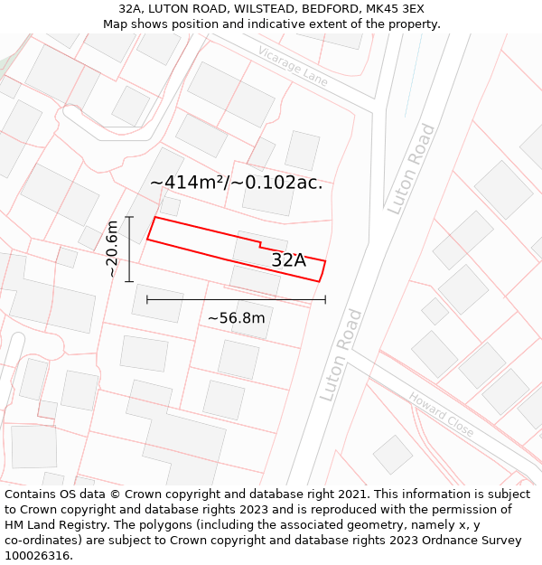 32A, LUTON ROAD, WILSTEAD, BEDFORD, MK45 3EX: Plot and title map