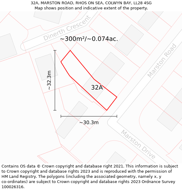 32A, MARSTON ROAD, RHOS ON SEA, COLWYN BAY, LL28 4SG: Plot and title map