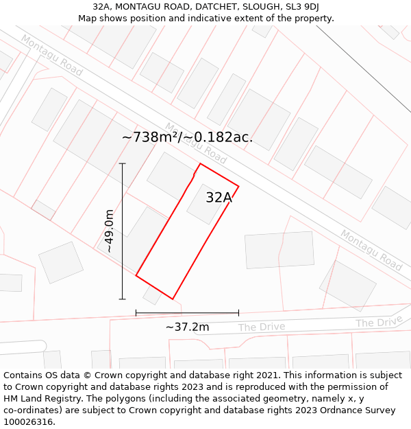 32A, MONTAGU ROAD, DATCHET, SLOUGH, SL3 9DJ: Plot and title map