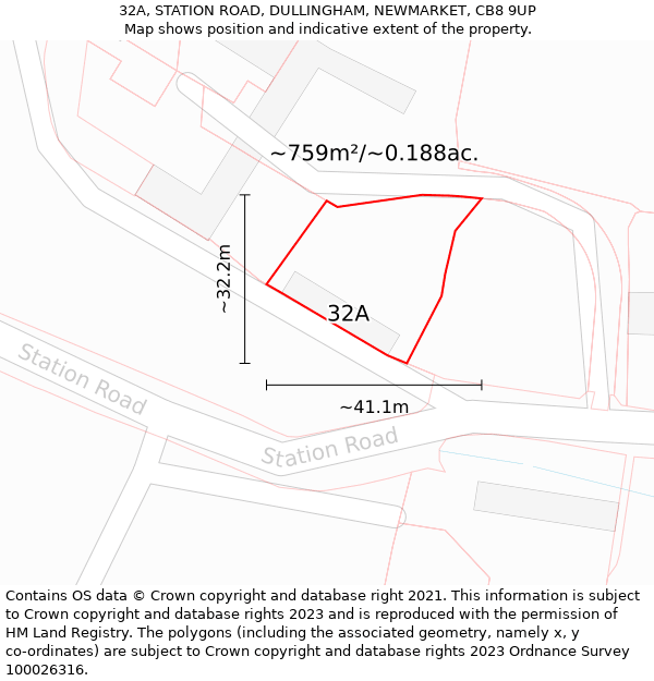 32A, STATION ROAD, DULLINGHAM, NEWMARKET, CB8 9UP: Plot and title map