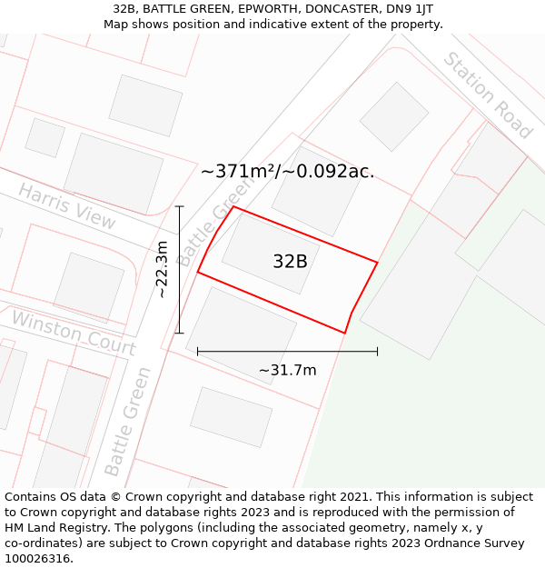 32B, BATTLE GREEN, EPWORTH, DONCASTER, DN9 1JT: Plot and title map