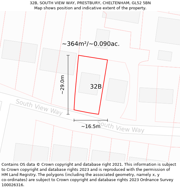 32B, SOUTH VIEW WAY, PRESTBURY, CHELTENHAM, GL52 5BN: Plot and title map