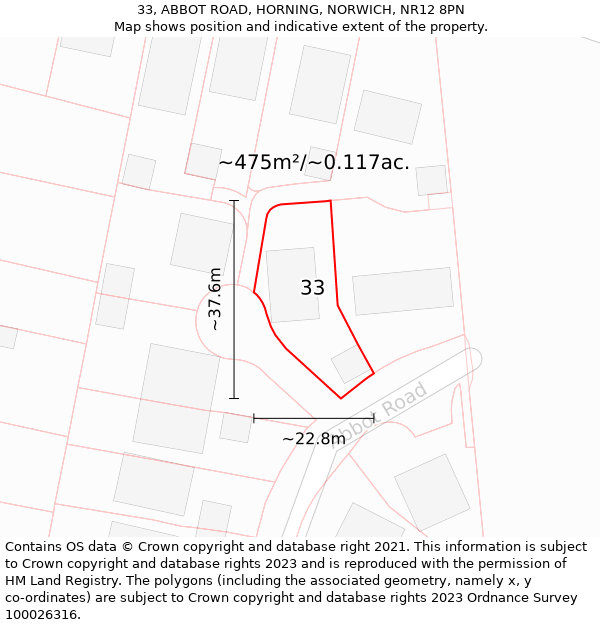 33, ABBOT ROAD, HORNING, NORWICH, NR12 8PN: Plot and title map