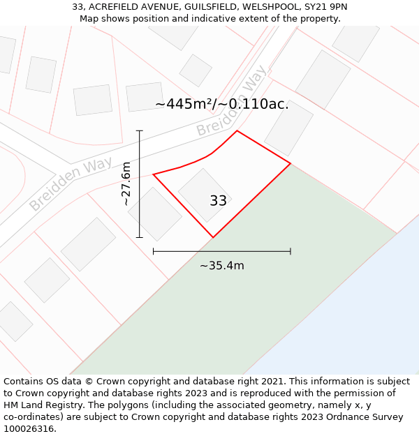 33, ACREFIELD AVENUE, GUILSFIELD, WELSHPOOL, SY21 9PN: Plot and title map