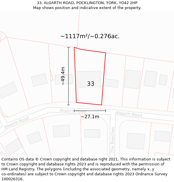 33, ALGARTH ROAD, POCKLINGTON, YORK, YO42 2HP: Plot and title map