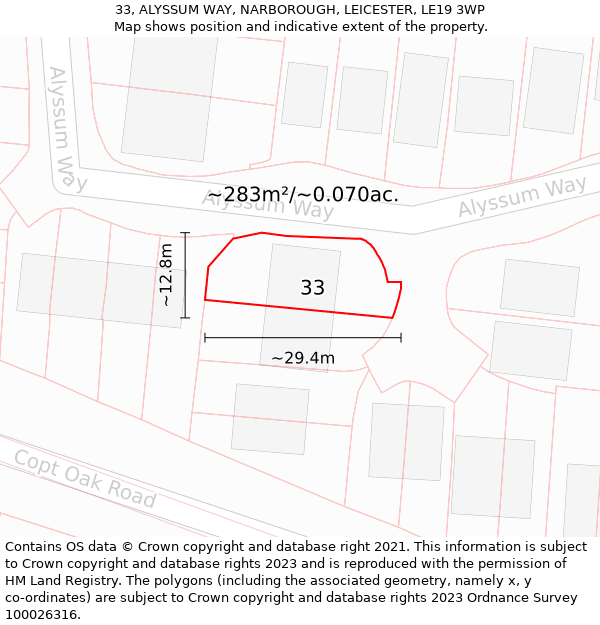 33, ALYSSUM WAY, NARBOROUGH, LEICESTER, LE19 3WP: Plot and title map