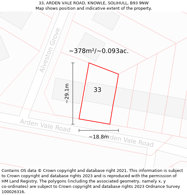 33, ARDEN VALE ROAD, KNOWLE, SOLIHULL, B93 9NW: Plot and title map
