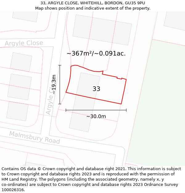 33, ARGYLE CLOSE, WHITEHILL, BORDON, GU35 9PU: Plot and title map