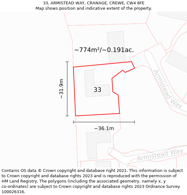 33, ARMISTEAD WAY, CRANAGE, CREWE, CW4 8FE: Plot and title map