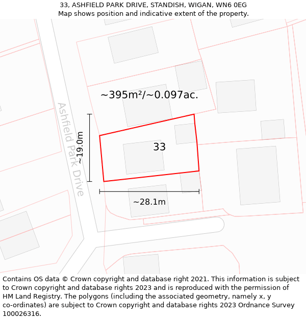 33, ASHFIELD PARK DRIVE, STANDISH, WIGAN, WN6 0EG: Plot and title map