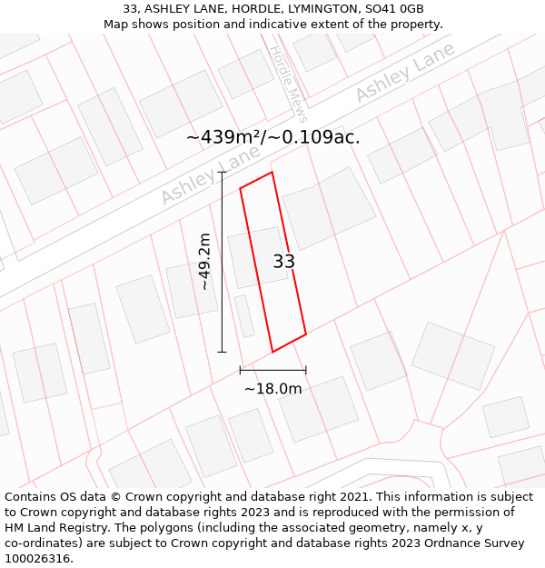 33, ASHLEY LANE, HORDLE, LYMINGTON, SO41 0GB: Plot and title map