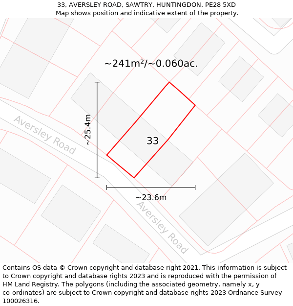 33, AVERSLEY ROAD, SAWTRY, HUNTINGDON, PE28 5XD: Plot and title map