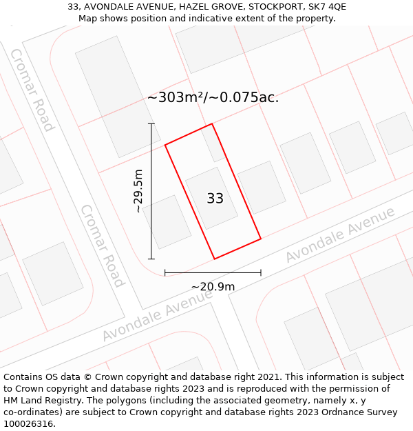 33, AVONDALE AVENUE, HAZEL GROVE, STOCKPORT, SK7 4QE: Plot and title map