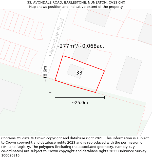 33, AVONDALE ROAD, BARLESTONE, NUNEATON, CV13 0HX: Plot and title map