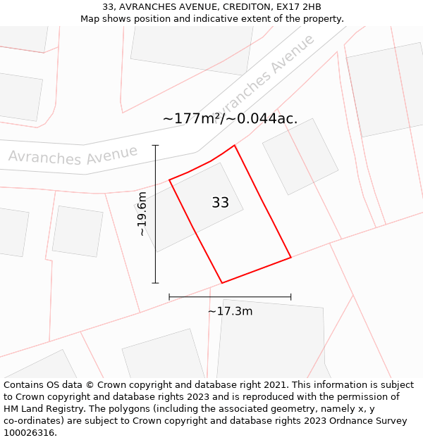 33, AVRANCHES AVENUE, CREDITON, EX17 2HB: Plot and title map