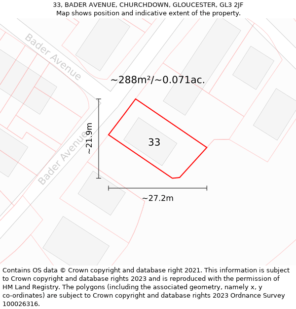 33, BADER AVENUE, CHURCHDOWN, GLOUCESTER, GL3 2JF: Plot and title map