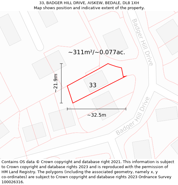 33, BADGER HILL DRIVE, AISKEW, BEDALE, DL8 1XH: Plot and title map