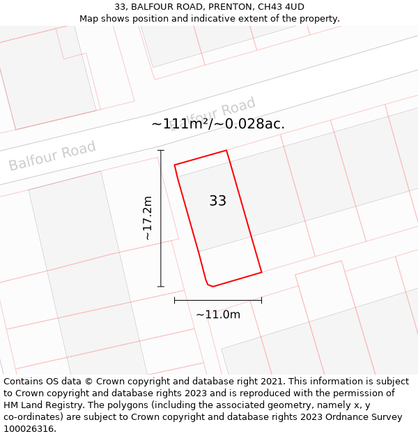 33, BALFOUR ROAD, PRENTON, CH43 4UD: Plot and title map