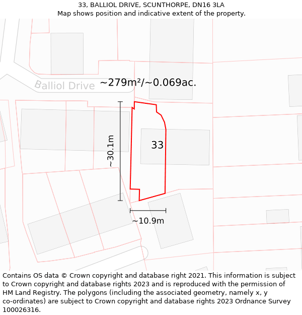 33, BALLIOL DRIVE, SCUNTHORPE, DN16 3LA: Plot and title map