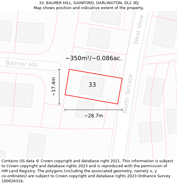 33, BALMER HILL, GAINFORD, DARLINGTON, DL2 3EJ: Plot and title map