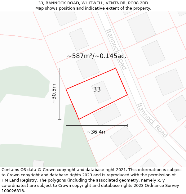 33, BANNOCK ROAD, WHITWELL, VENTNOR, PO38 2RD: Plot and title map