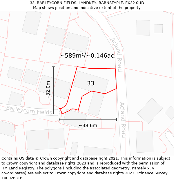 33, BARLEYCORN FIELDS, LANDKEY, BARNSTAPLE, EX32 0UD: Plot and title map