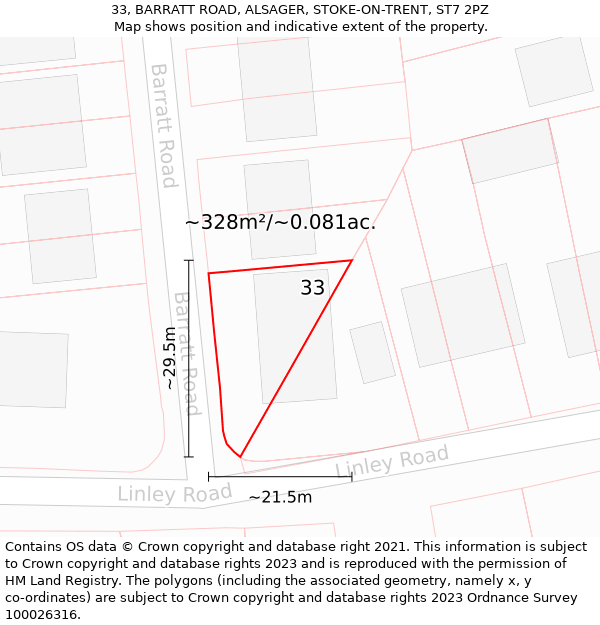 33, BARRATT ROAD, ALSAGER, STOKE-ON-TRENT, ST7 2PZ: Plot and title map