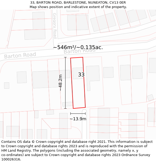 33, BARTON ROAD, BARLESTONE, NUNEATON, CV13 0ER: Plot and title map