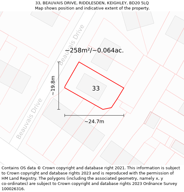 33, BEAUVAIS DRIVE, RIDDLESDEN, KEIGHLEY, BD20 5LQ: Plot and title map