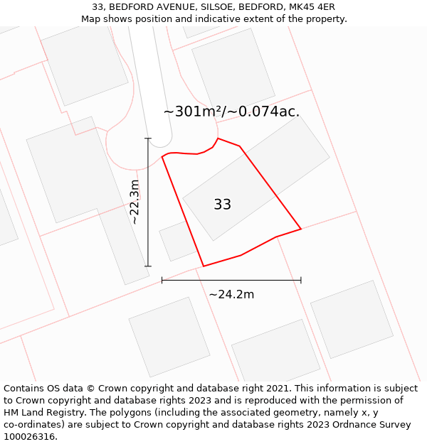 33, BEDFORD AVENUE, SILSOE, BEDFORD, MK45 4ER: Plot and title map