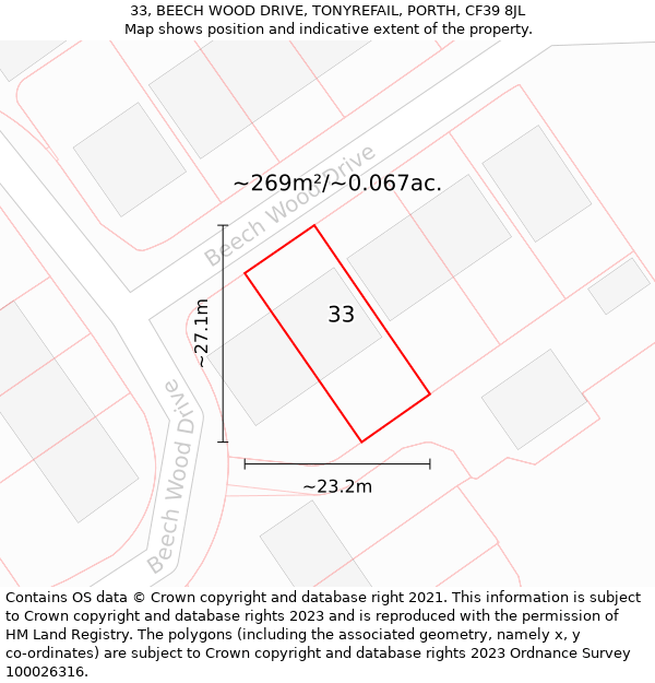 33, BEECH WOOD DRIVE, TONYREFAIL, PORTH, CF39 8JL: Plot and title map