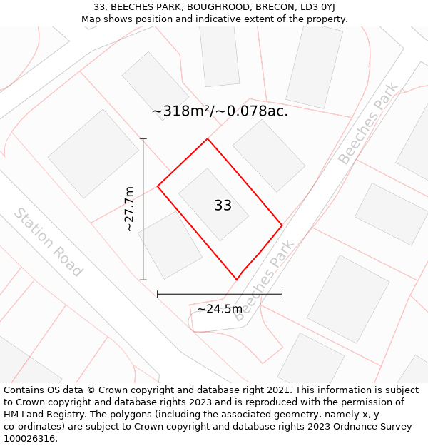 33, BEECHES PARK, BOUGHROOD, BRECON, LD3 0YJ: Plot and title map