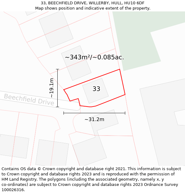 33, BEECHFIELD DRIVE, WILLERBY, HULL, HU10 6DF: Plot and title map